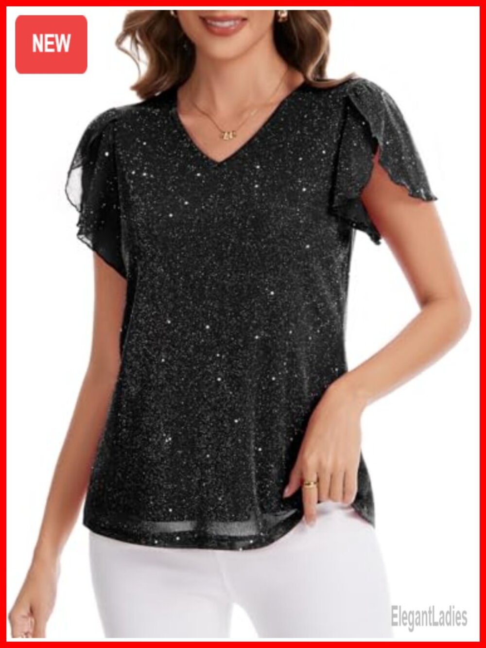 Womens Glitter Top Short Sleeve V Neck Sparkly Dressy Blouse